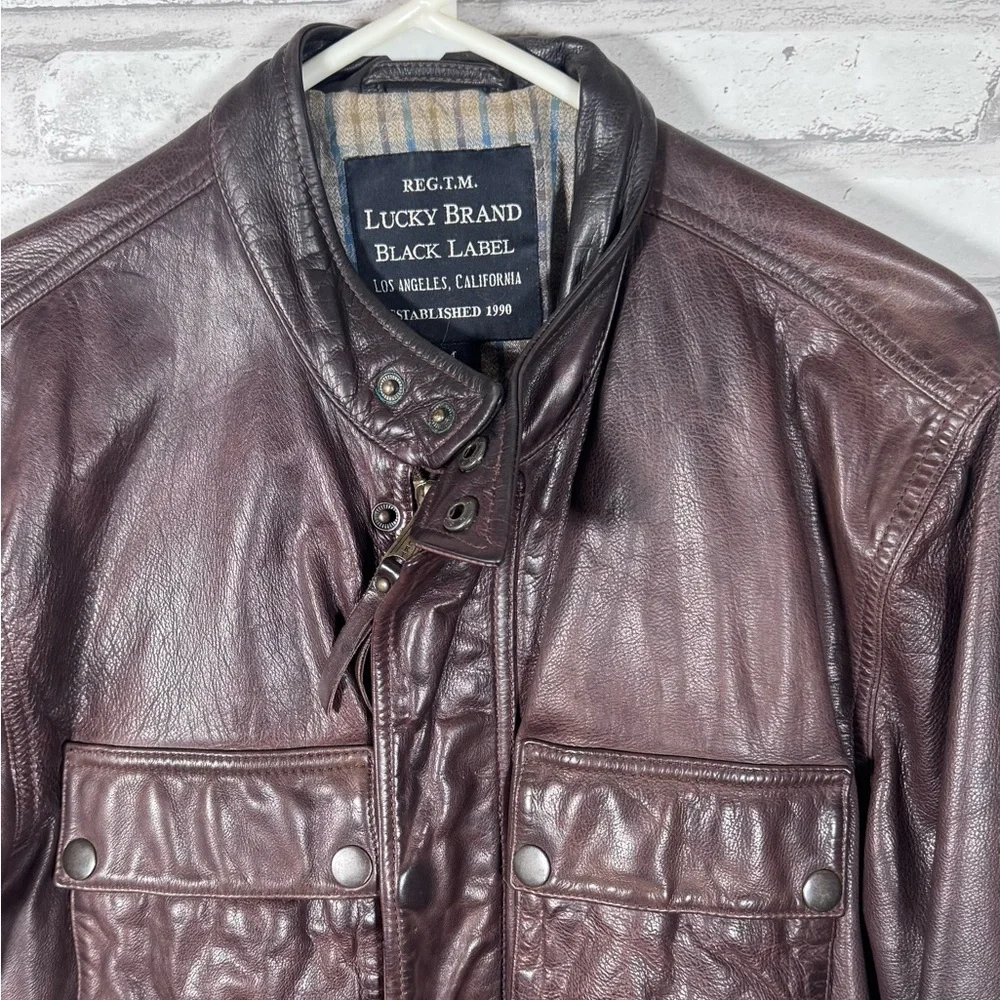 Lucky Brand Men's Brown Leather Zip Up Bomber Jacket